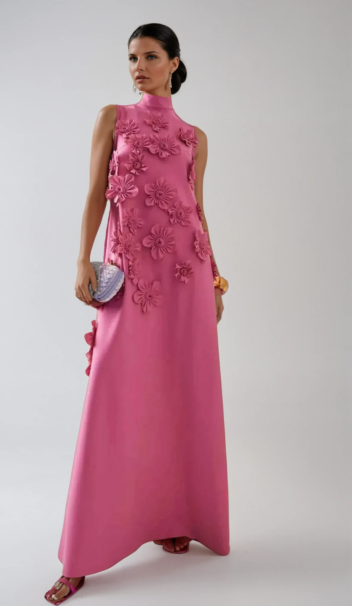 Pink Floral Appliqué Maxi Dress High Neck Sleeveless Women's Gown — Main Image