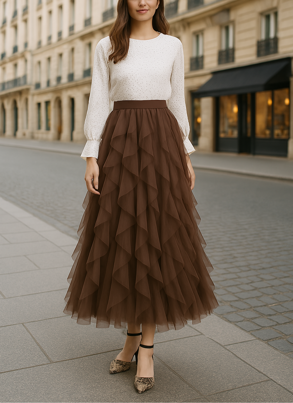Chic Women's Tulle Midi Skirt A-Line High Waist Layered Ruffle Design - Black, White, Pink, Gray, Brown — Image 5