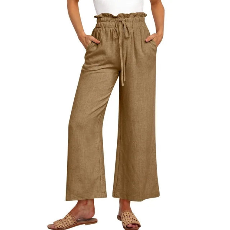 Women's Linen Wide Leg Pants High Waist Elastic Drawstring Casual Trousers — Main Image