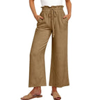 Women's Linen Wide Leg Pants High Waist Elastic Drawstring Casual Trousers — Main Image
