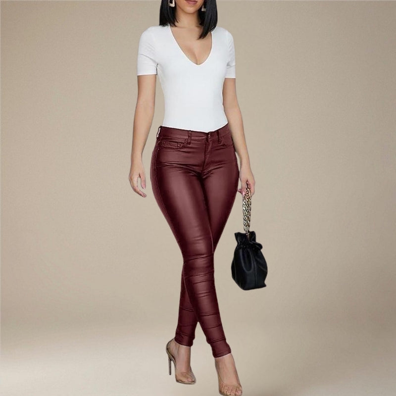 Women's Faux Leather Skinny Pants High-Waist Stretch Slim Fit Trousers Black, Red, Blue — Image 5
