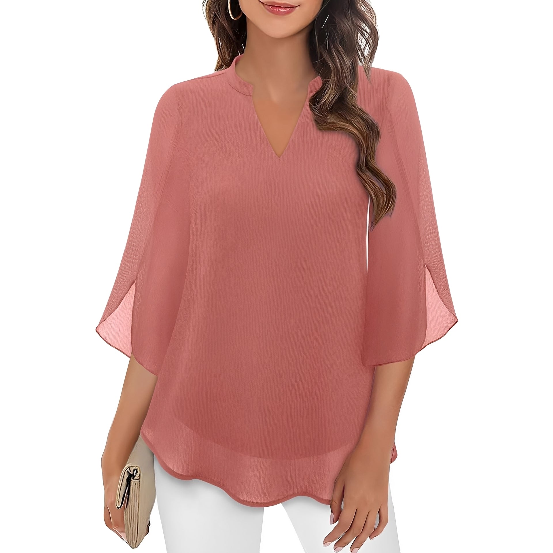 Brand Women's Chiffon V-Neck Blouse 3/4 Sleeve Elegant Top Various Colors — Main Image
