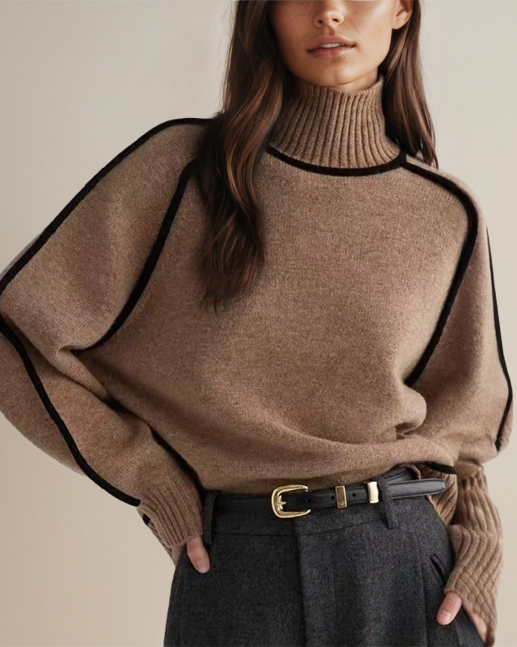Women's Turtleneck Sweater Soft Knit Contrast Trim Beige Brown Gray — Image 5