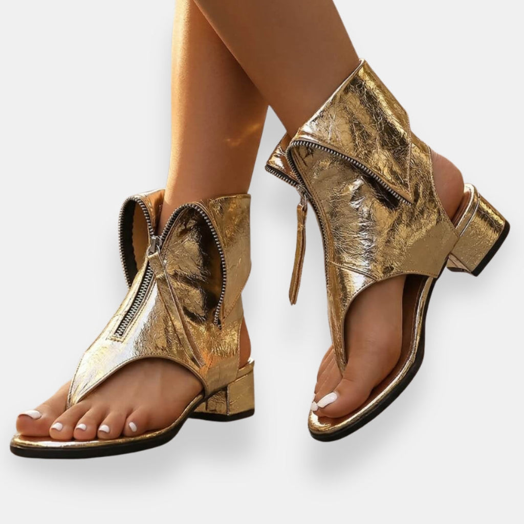 Brand Women's Open Toe Zipper Ankle Boots Metallic Leather Low Heel Sandals — Main Image
