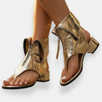 Brand Women's Open Toe Zipper Ankle Boots Metallic Leather Low Heel Sandals — Main Image