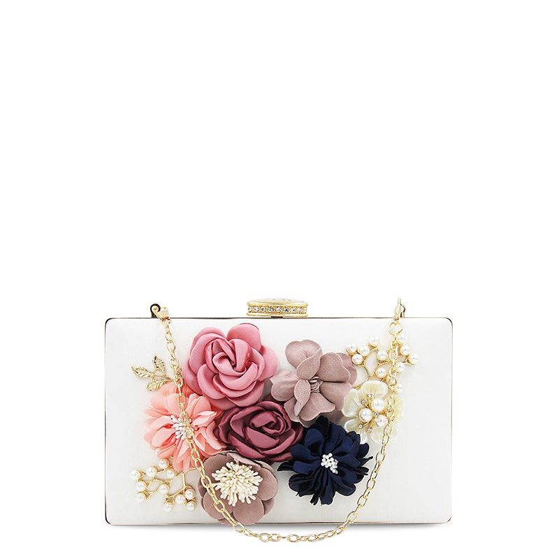 White Floral Clutch Bag with Fabric Flowers, Pearl Embellishments, and Chain Strap — Main Image