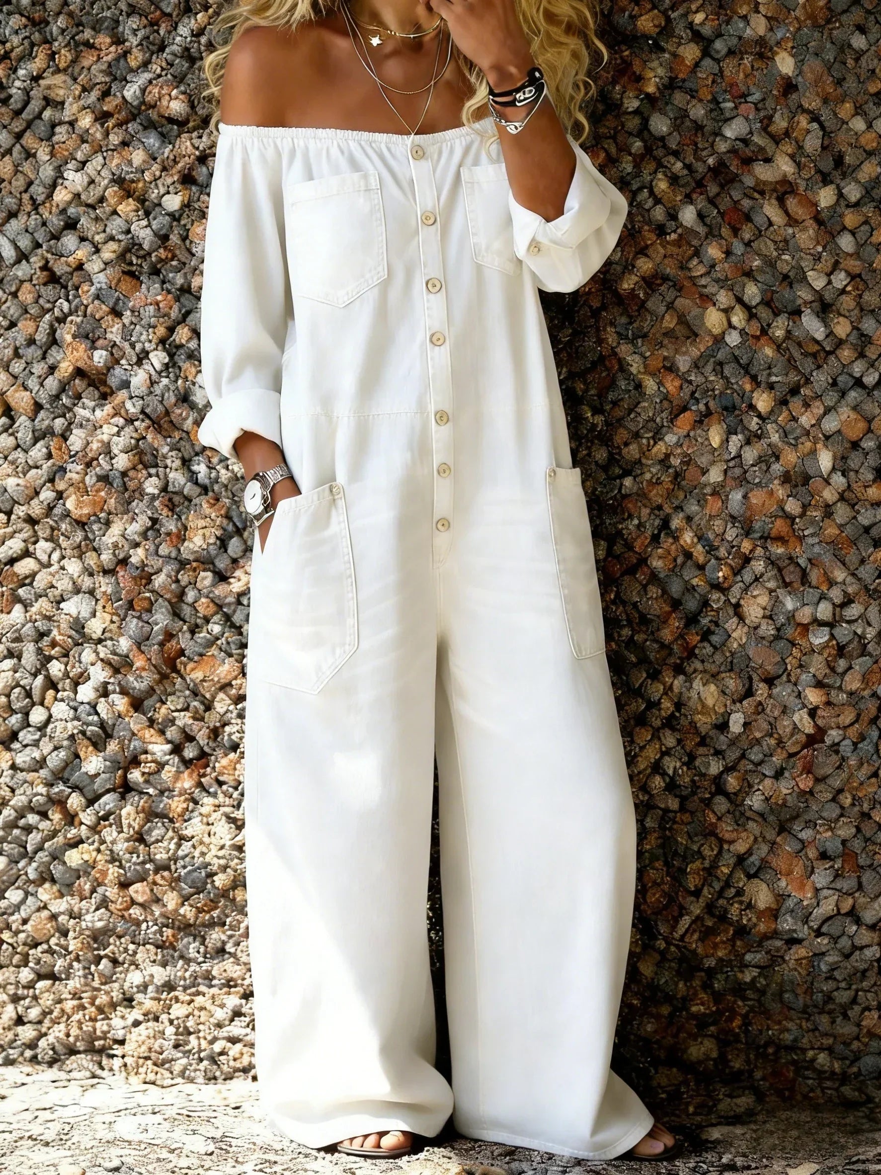 Women's Off-Shoulder Denim Jumpsuit Relaxed Fit Button-Down Long Sleeves Casual Romper with Pockets — Image 5