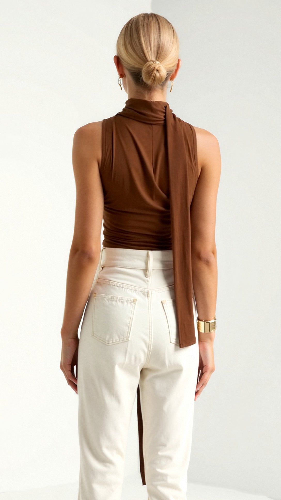 Scarf Tie Tank Top - Sleeveless Cowl Neck Brown Top for Women — Image 2