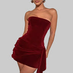 Burgundy Velvet Strapless Mini Dress with Ruched Drape Detail — Image 2