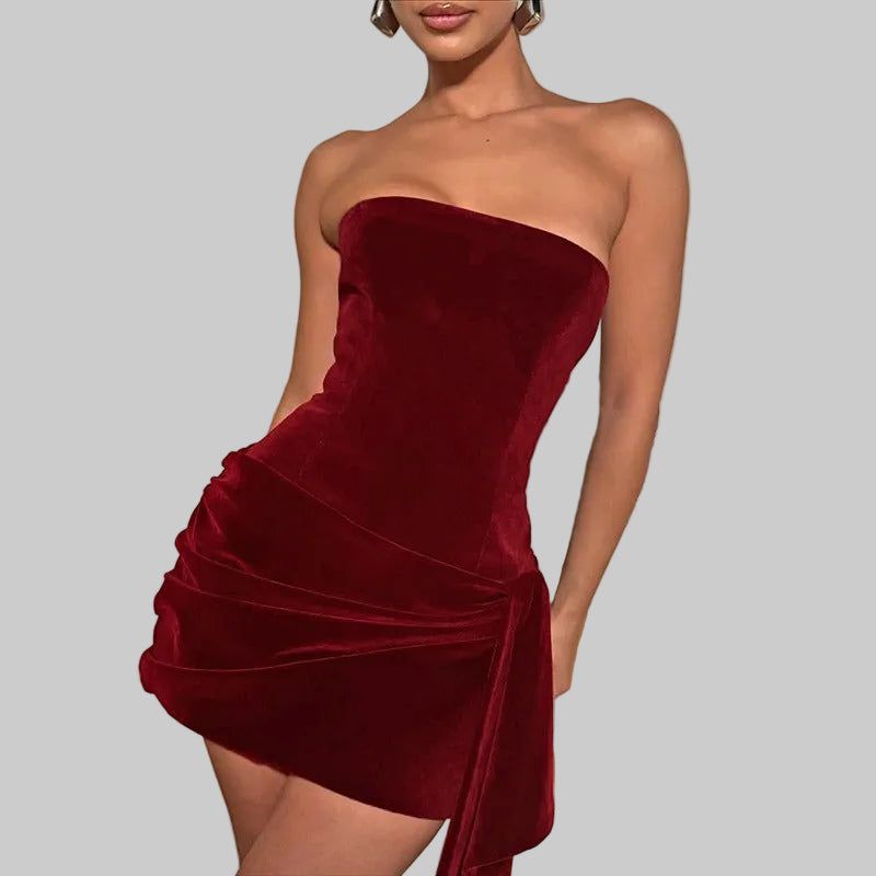 Burgundy Velvet Strapless Mini Dress with Ruched Drape Detail — Image 2