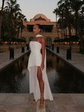 Strapless White Maxi Dress with High Slit and Chiffon Scarf — Image 4