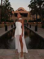 Strapless White Maxi Dress with High Slit and Chiffon Scarf — Image 4