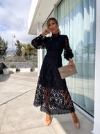 Lace Midi Dress, Long Sleeve, High Neck, A-Line, Pink/Black/White. Elegant Cocktail Party Dress for Women. — Image 6