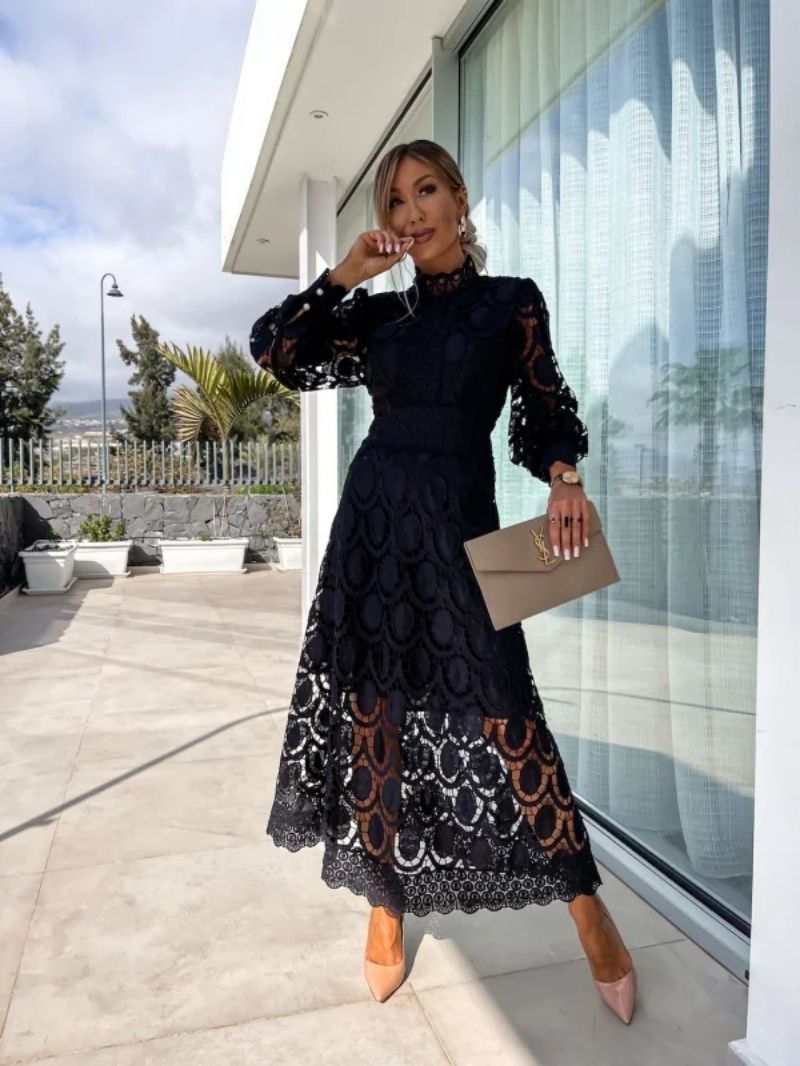 Lace Midi Dress, Long Sleeve, High Neck, A-Line, Pink/Black/White. Elegant Cocktail Party Dress for Women. — Image 6