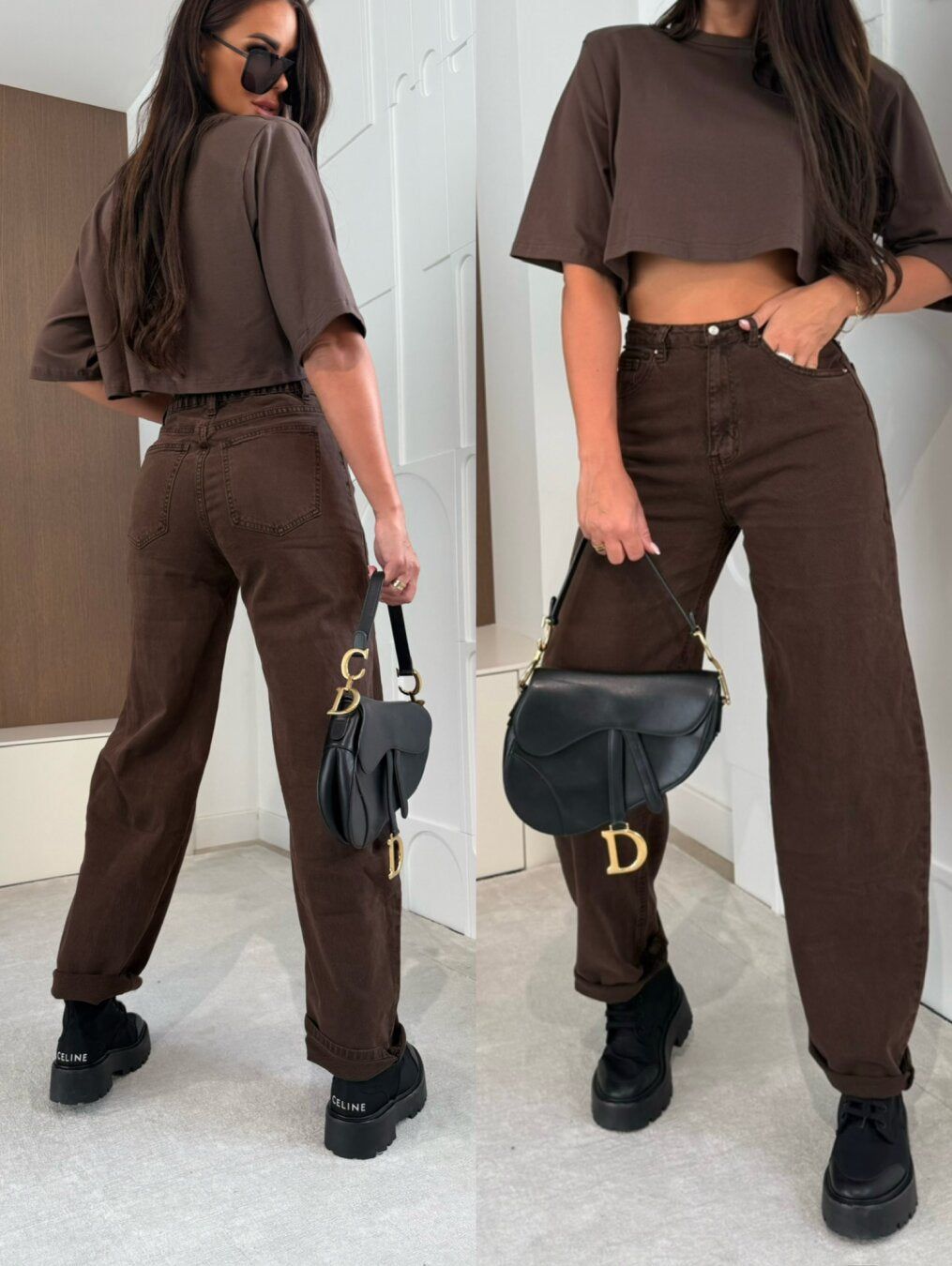 Brown Crop Top and Wide Leg Jeans Set - Women's Cotton Blend Outfit — Main Image
