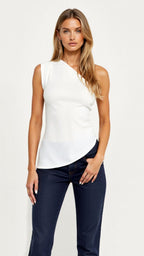 One-Shoulder Blouse: Sleeveless Asymmetrical Top, Sage Green Polyester Blend, Women's Fashion — Image 7