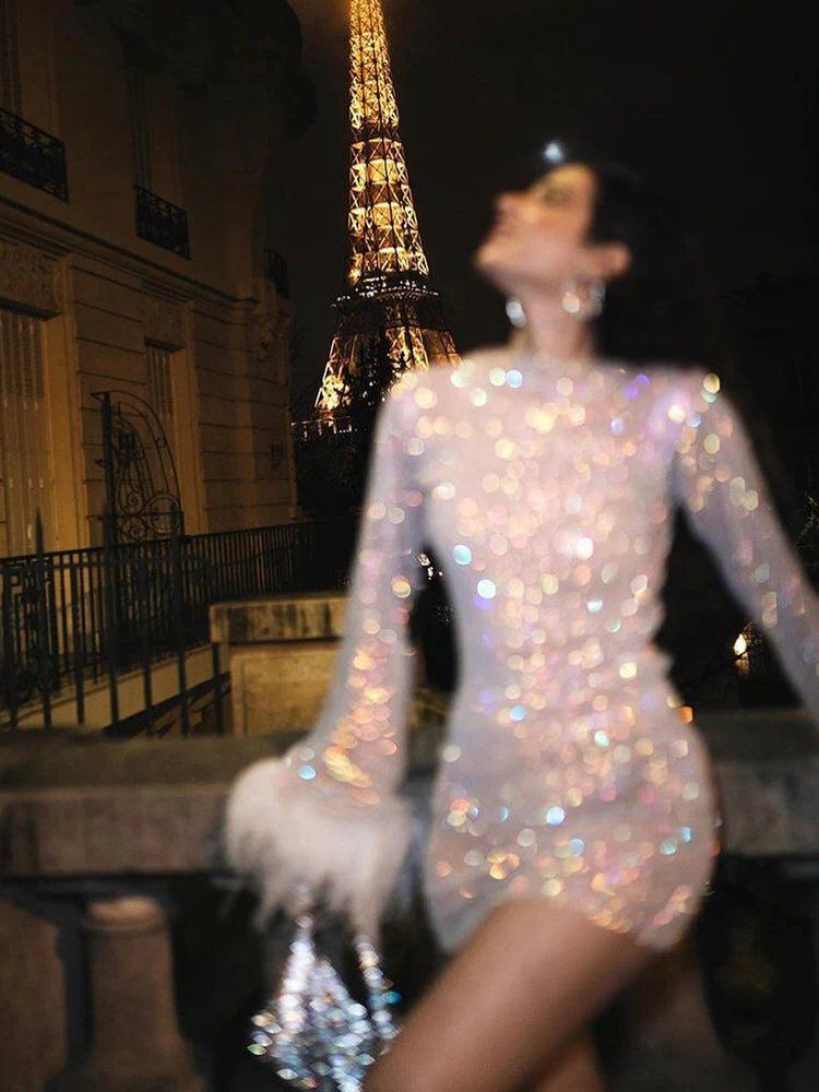 Sequin Mini Dress with Feather Cuffs - Sparkly Polyester Party Dress — Image 6