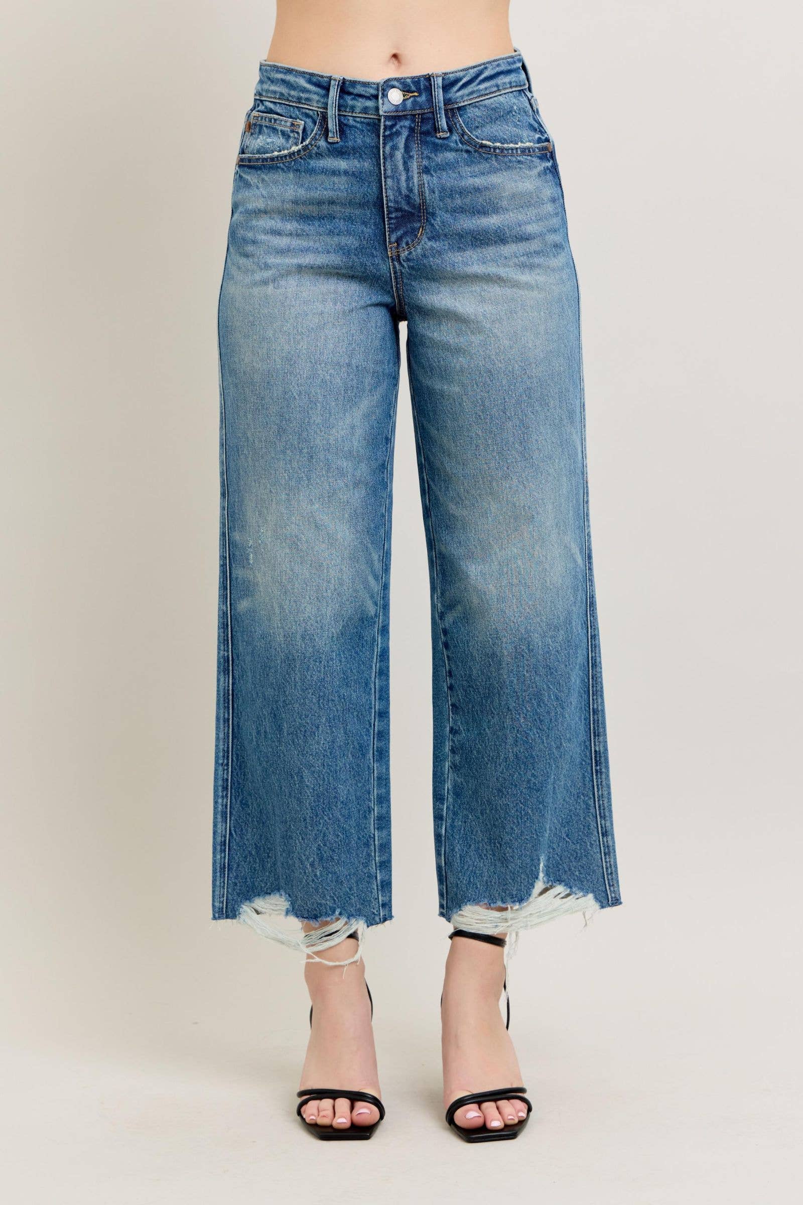 Judy Blue Women's Wide-Leg Distressed High-Waisted Jeans Blue Denim Frayed Hem — Main Image