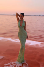 Sequin Halter Maxi Dress Green. Elegant Evening Gown with Shimmering Sequins. — Image 6