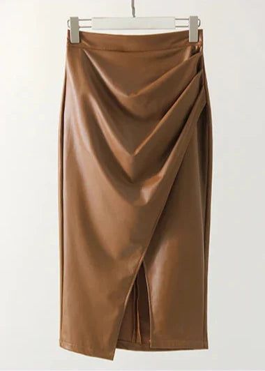 Draped Faux Leather Midi Skirt with Slit, Black, Beige, Brown. Elegant Women's Pencil Skirt. — Image 16