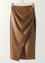 Draped Faux Leather Midi Skirt with Slit, Black, Beige, Brown. Elegant Women's Pencil Skirt. — Image 16