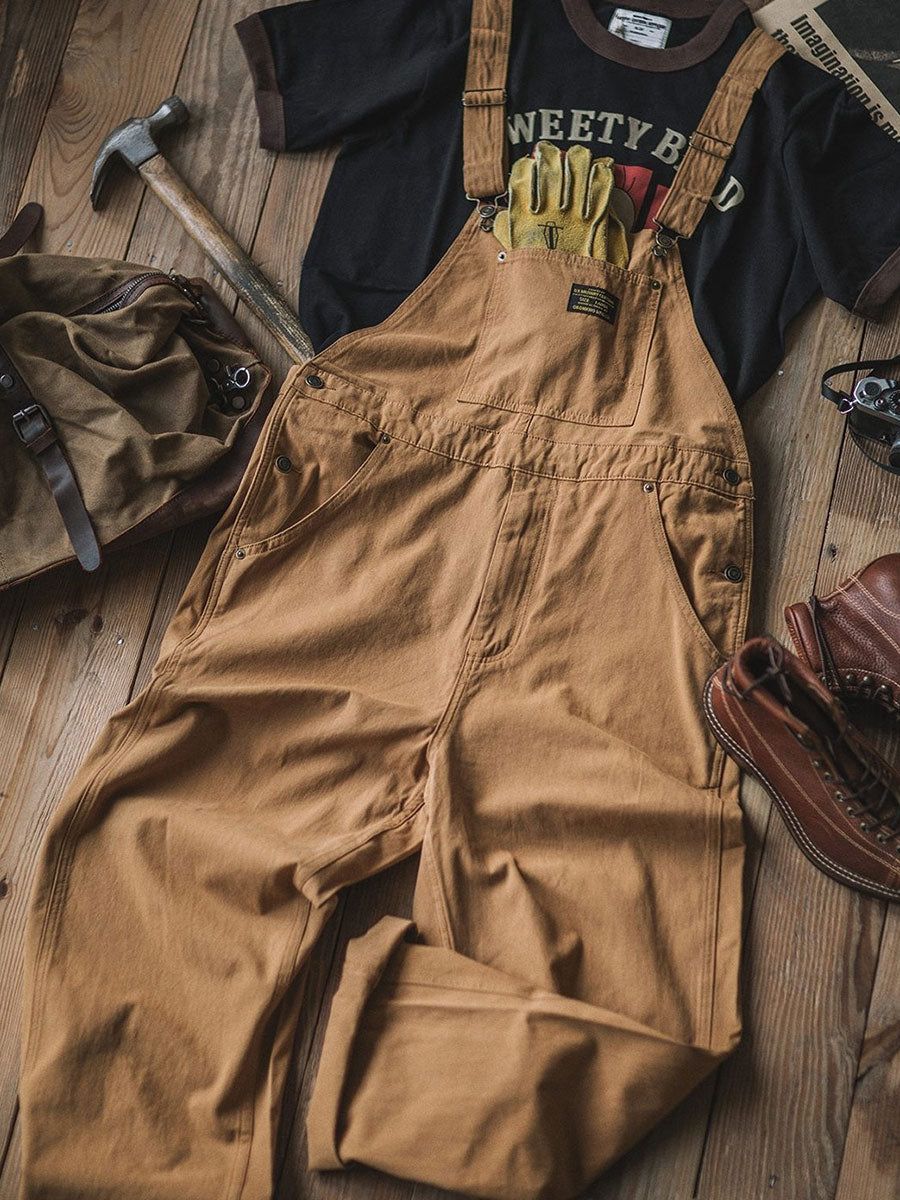 Men's Cotton Overalls Vintage Workwear Tan Olive Beige Adjustable Straps Pockets — Image 4