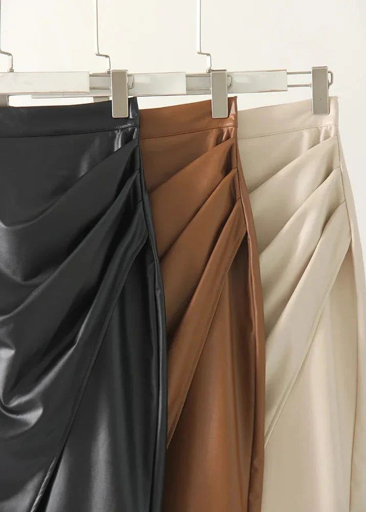 Draped Faux Leather Midi Skirt with Slit, Black, Beige, Brown. Elegant Women's Pencil Skirt. — Image 21