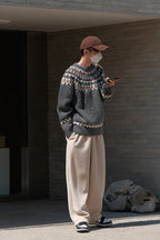 Nordic Wool Sweater Men's Fair Isle Pattern Knitted Pullover Beige/Gray — Image 6
