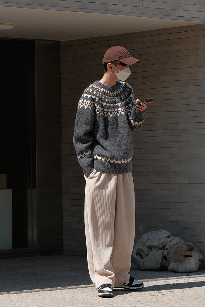 Nordic Wool Sweater Men's Fair Isle Pattern Knitted Pullover Beige/Gray — Image 6