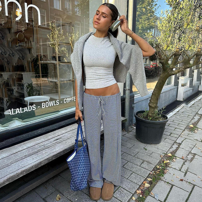 Women's Striped Wide-Leg Lounge Pants Cotton Knit Elastic Waist Relaxed Fit — Image 5