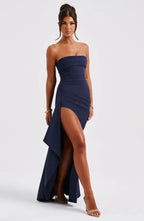 Strapless Thigh Slit Maxi Dress Navy/Black Elegant Evening Gown — Image 3