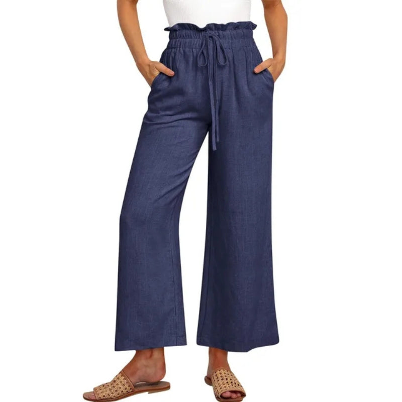 Women's Linen Wide Leg Pants High Waist Elastic Drawstring Casual Trousers — Image 6