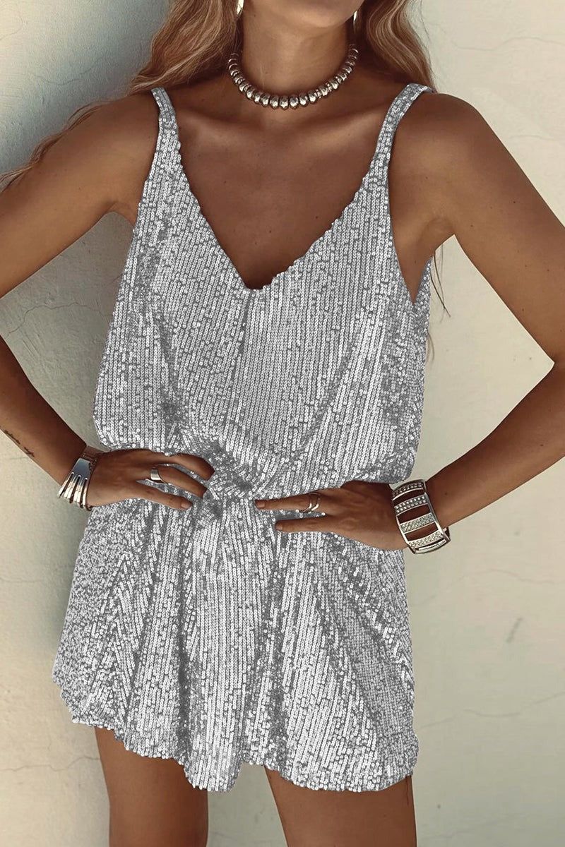 Sequin V-Neck Mini Dress. Assorted colors, polyester material. Sleeveless party dress. — Main Image