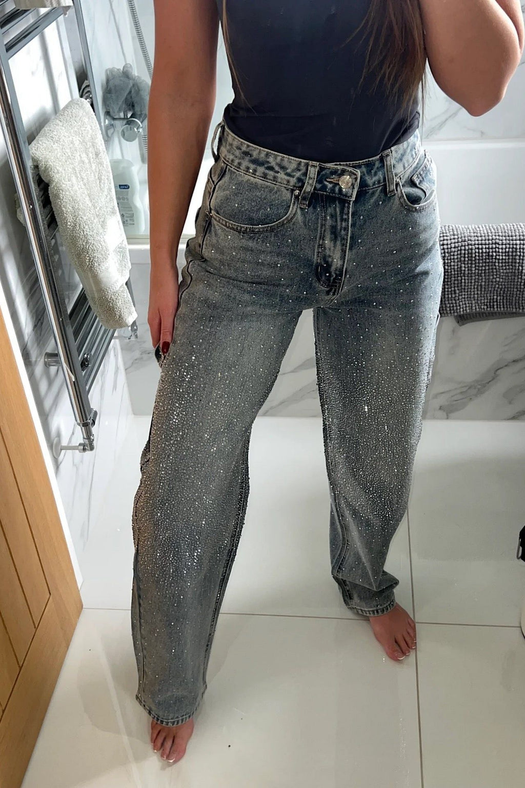 Women's Wide Leg Rhinestone Jeans, Light Wash Denim, High Waisted — Image 4