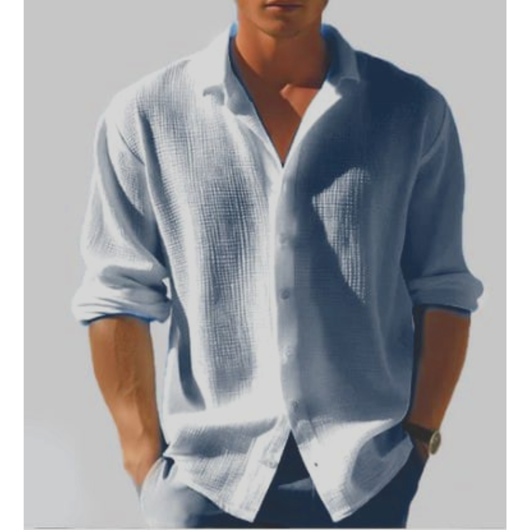 Men's Long Sleeve Button-Down Shirt - Casual Textured Cotton Blend - White, Green, Pink, Cream, Black, Blue — Image 7