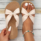 Women's Bowknot Pearl Decor Slip-On Sandals Beige Cotton Comfort Summer Footwear — Main Image