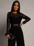 Black Lace Long Sleeve Jumpsuit, Open Back, Wide Leg, Women's Elegant Jumpsuit — Image 3