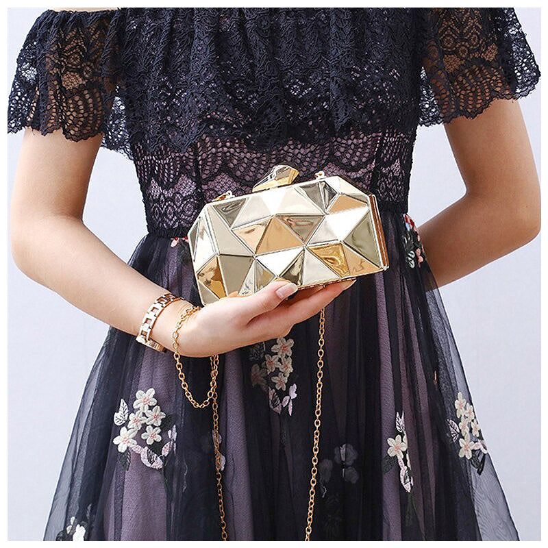 Geometric Clutch Evening Bag Gold, Chain Strap, Faceted Design Metal — Image 3