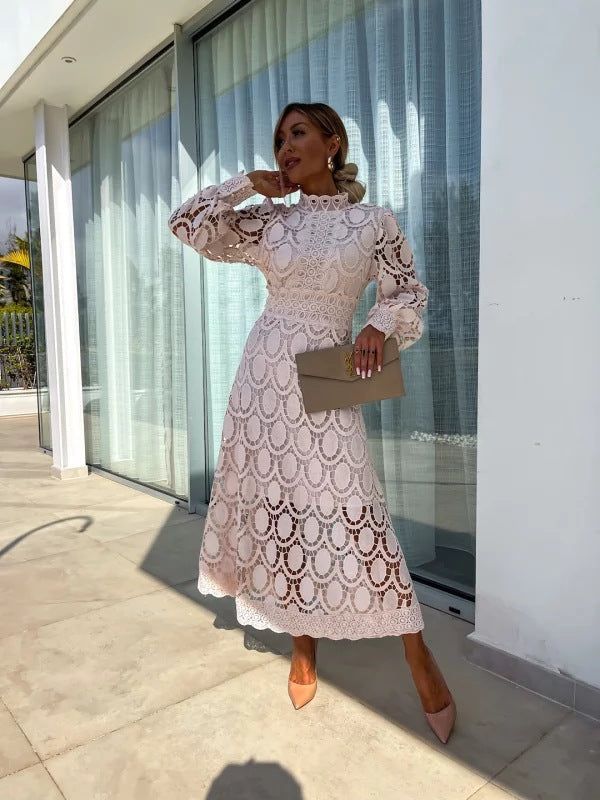 Lace Midi Dress, Long Sleeve, High Neck, A-Line, Pink/Black/White. Elegant Cocktail Party Dress for Women. — Main Image
