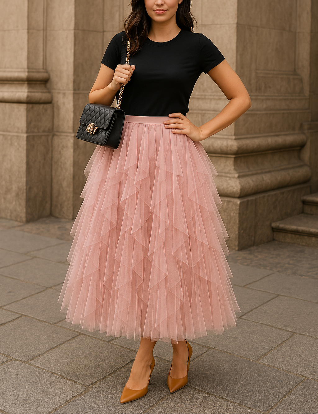 Chic Women's Tulle Midi Skirt A-Line High Waist Layered Ruffle Design - Black, White, Pink, Gray, Brown — Image 3