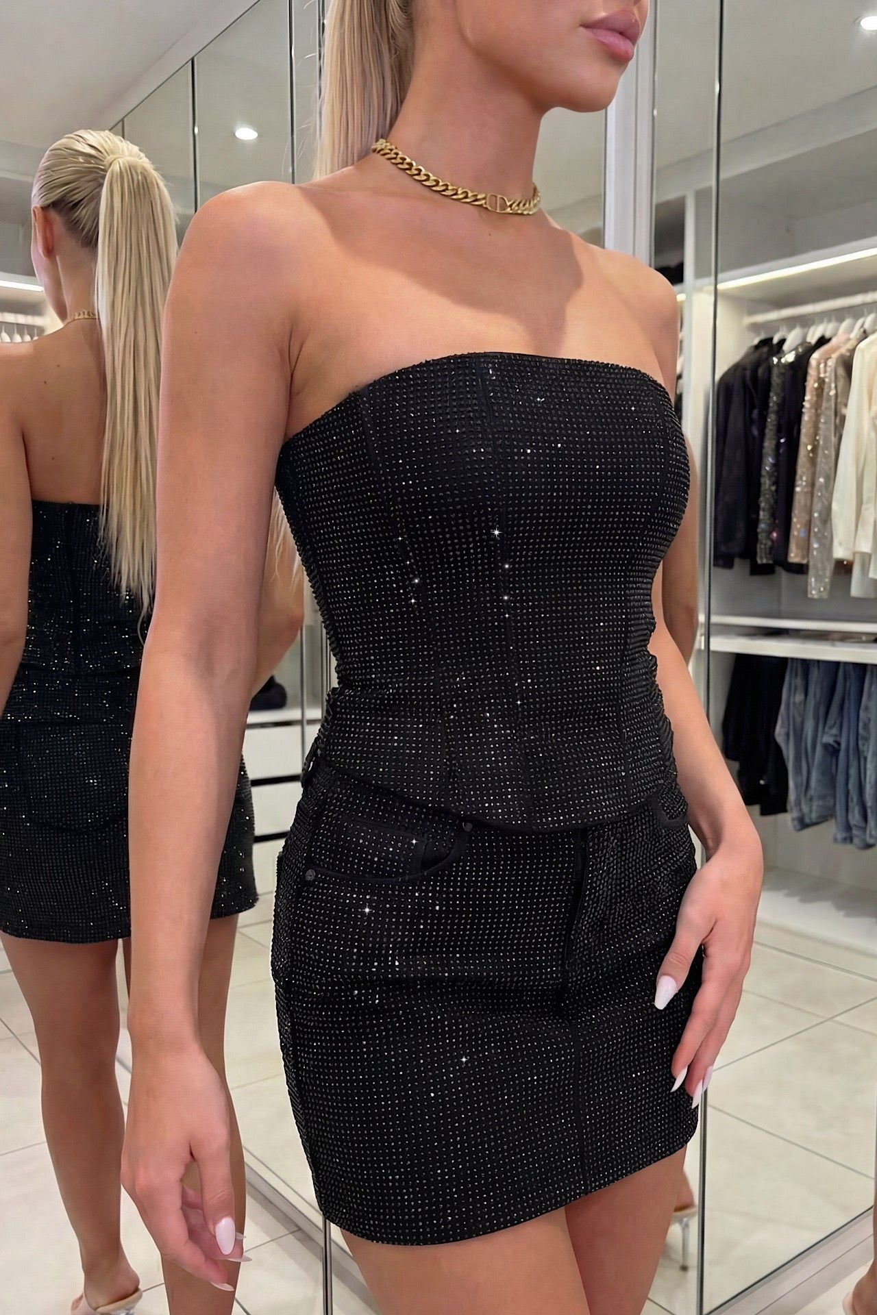 Black Sparkle Mini Skirt and Strapless Top Set with Rhinestones — Image 2