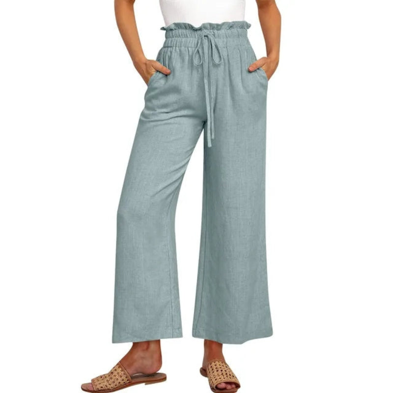 Women's Linen Wide Leg Pants High Waist Elastic Drawstring Casual Trousers — Image 2