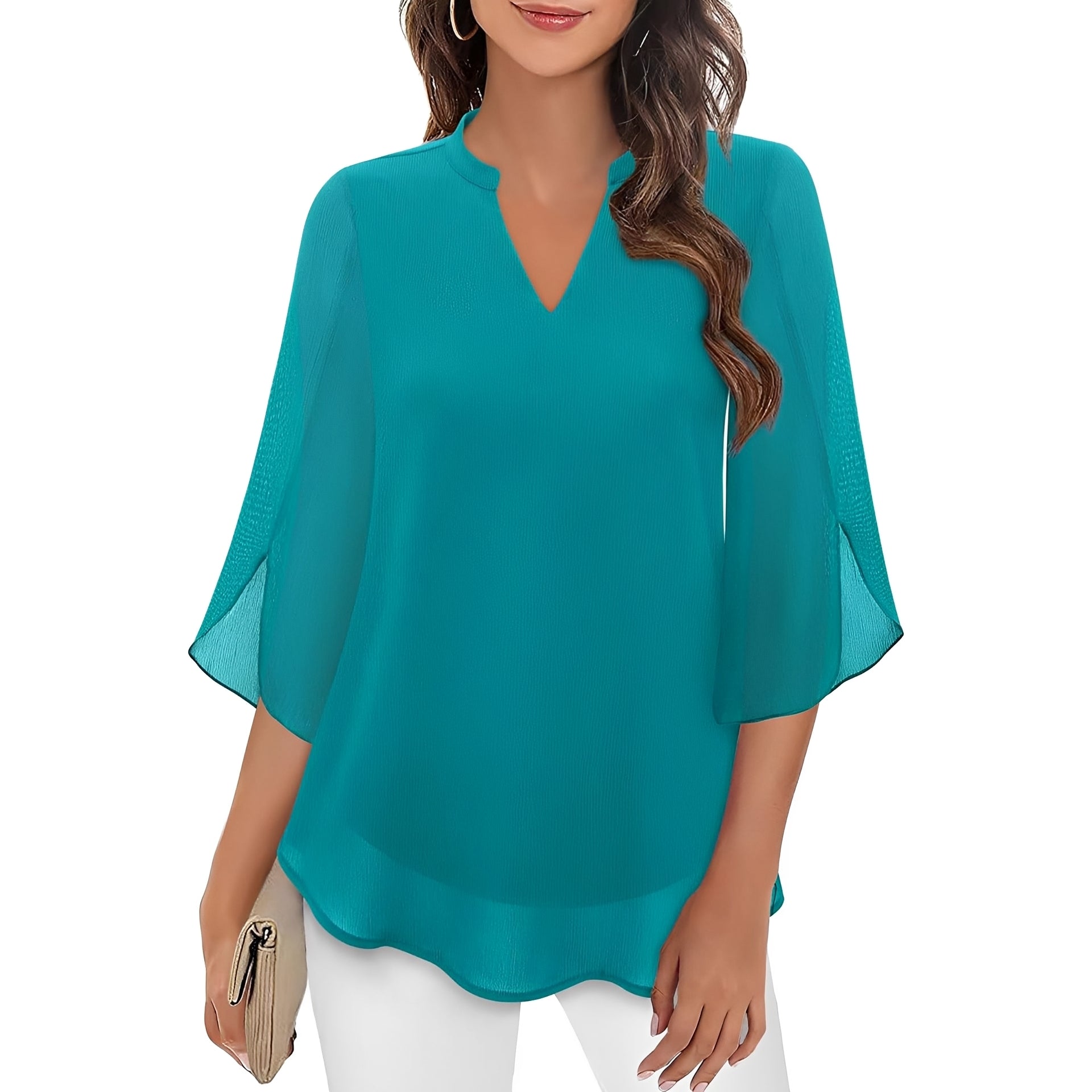 Brand Women's Chiffon V-Neck Blouse 3/4 Sleeve Elegant Top Various Colors — Image 3