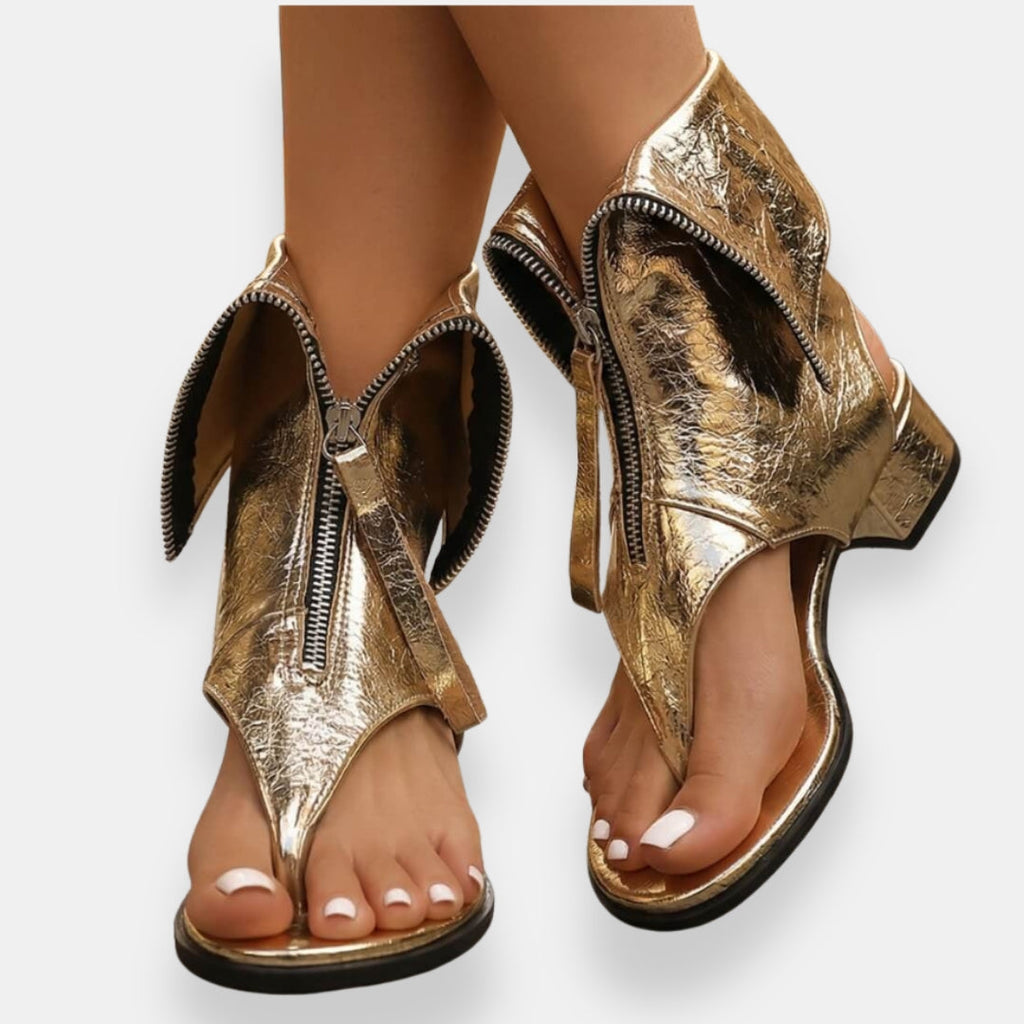 Brand Women's Open Toe Zipper Ankle Boots Metallic Leather Low Heel Sandals — Image 2