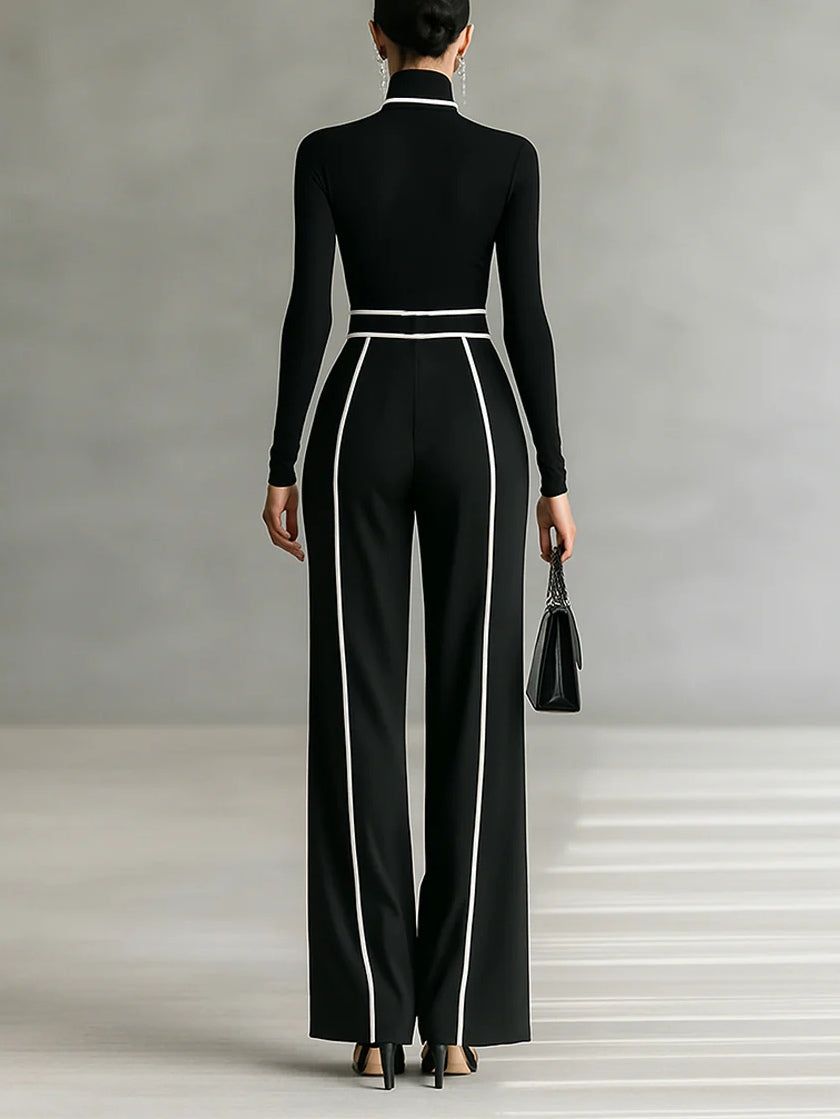 Women's Elegant Pants Set: Turtleneck Long Sleeve Top & Wide Leg Pants with Belt, Black/Gray — Image 2