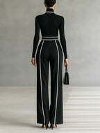 Women's Elegant Pants Set: Turtleneck Long Sleeve Top & Wide Leg Pants with Belt, Black/Gray — Image 2