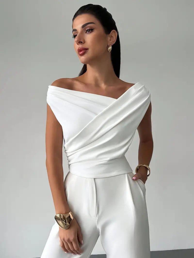 Elegant Off-Shoulder Wrap Top - White Polyester Blouse — Main Image