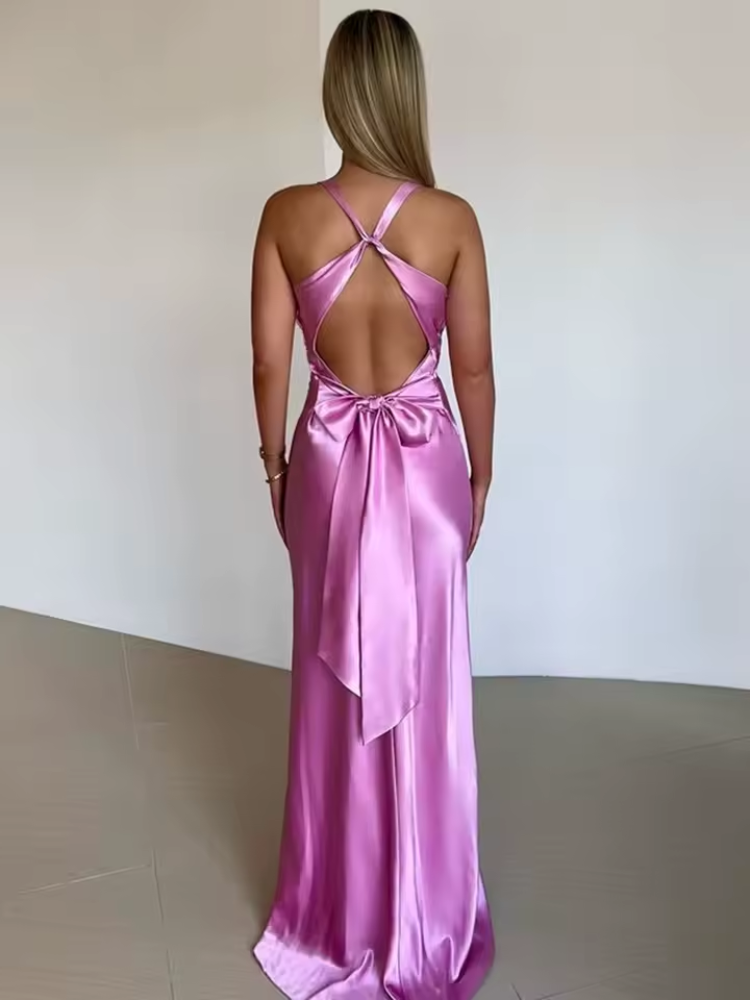 Satin Maxi Dress Open Back with Bow - Women's Formal Evening Gown [Color] — Image 4