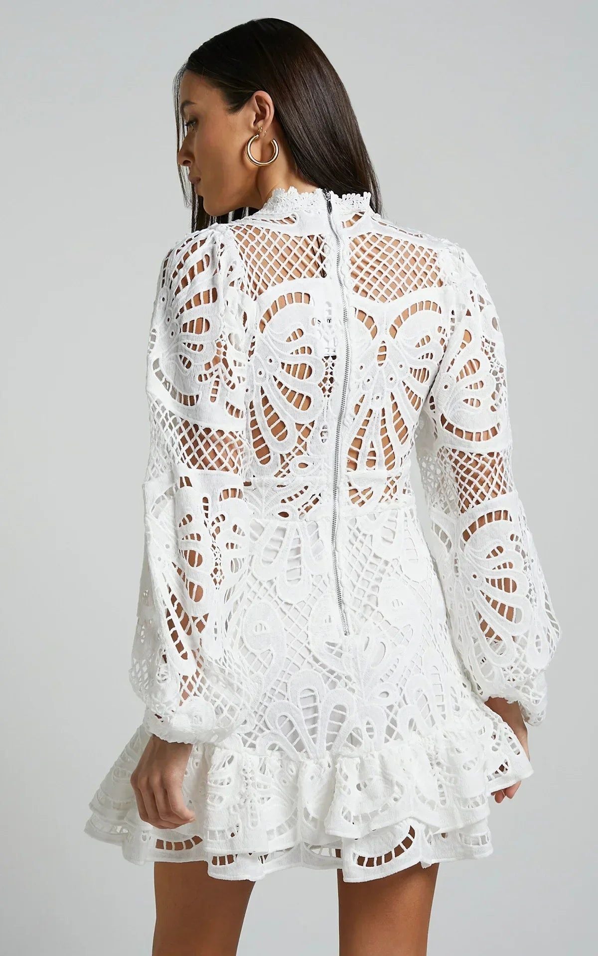 Lace Mini Dress Long Sleeve Ruffle Hem - Various Colors — Image 2