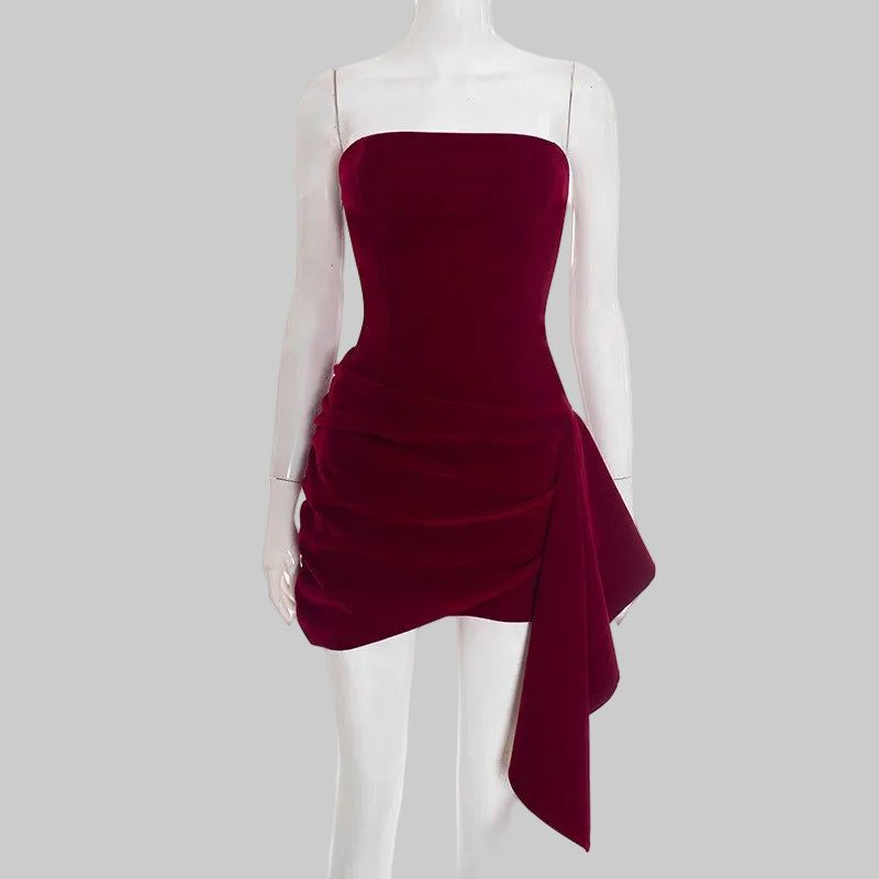 Burgundy Velvet Strapless Mini Dress with Ruched Drape Detail — Main Image